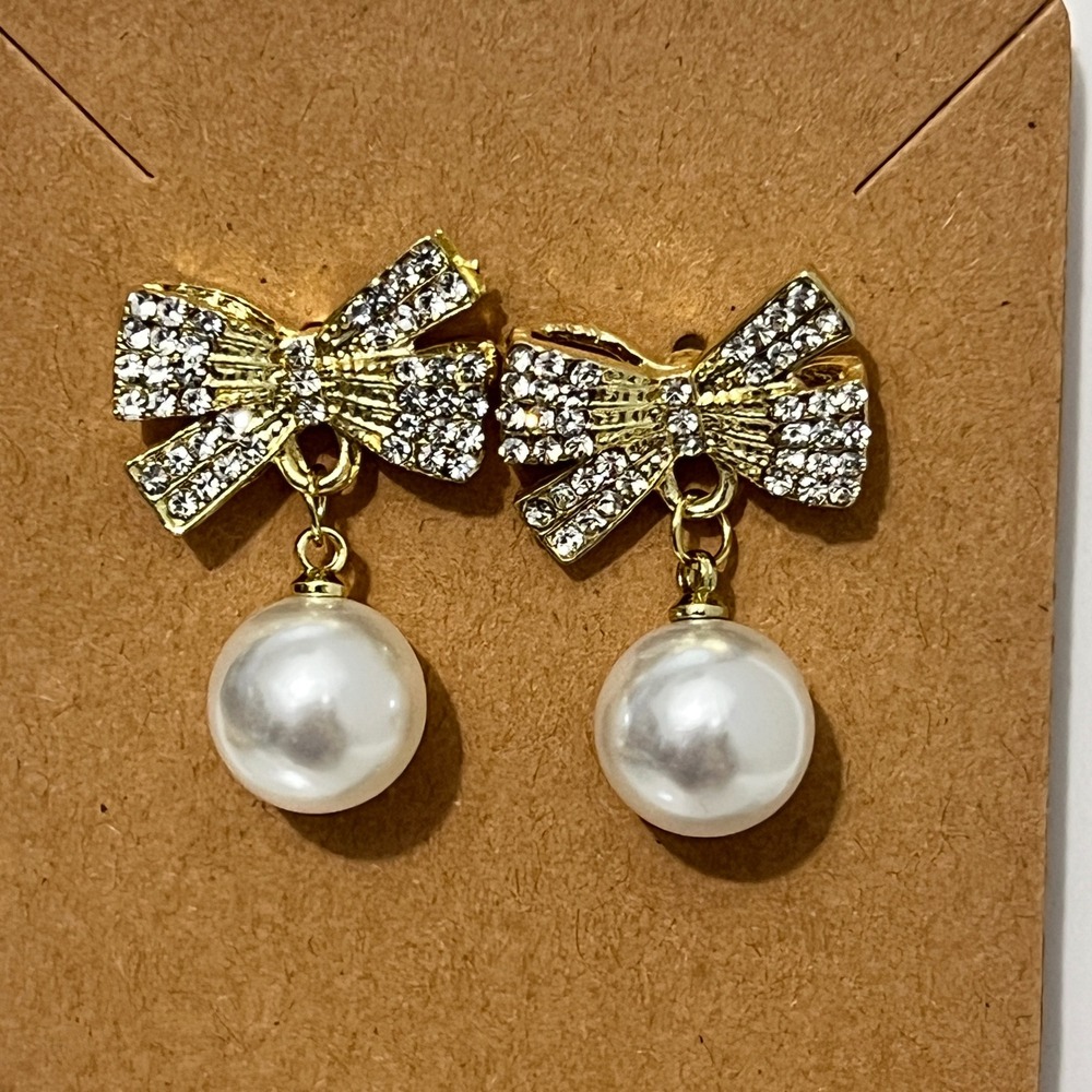 Gold Tone Rhinestone Bow Pearl Drop Earrings Women‎ Holiday Event